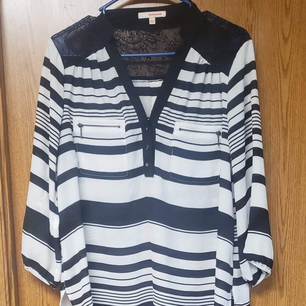 Hollywould Women's Black White Striped 3/4 Sleeve Sz Large